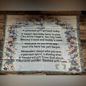Welcome New baby tapestry, throw blanket“a precious gift “ poem, stork, flowers